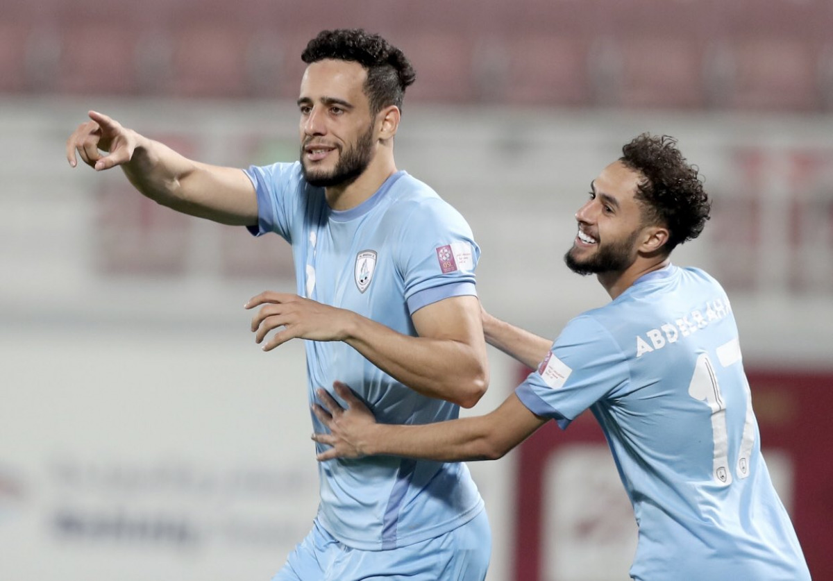Al Wakrah's Mohamed Benyettou celebrate after scoring against Al Gharafa yesterday.