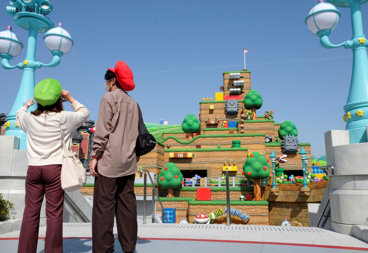 General view shows Yoshi's Adventure attraction inside Super Nintendo World, a new attraction area featuring the popular video game character Mario which is set to open to public on March 18, during a press preview at the Universal Studios Japan theme par