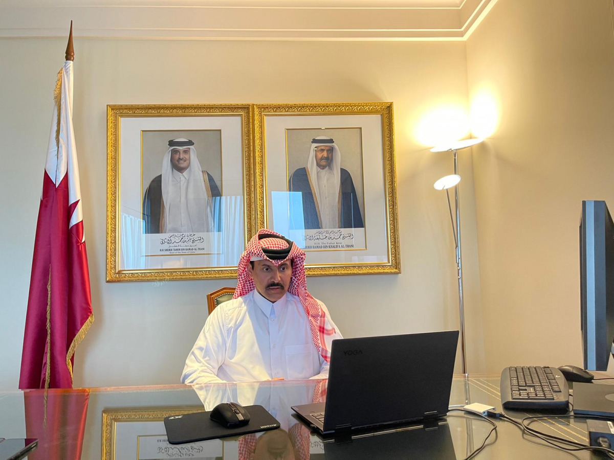 Ambassador of Qatar to the Russian Federation H E Sheikh Ahmed bin Nasser Al Thani attending the meeting virtually.