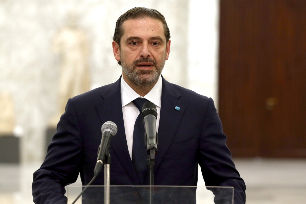 Prime Minister-designate Saad al-Hariri speaks at the presidential palace in Baabda, Lebanon March 18, 2021. Dalati Nohra