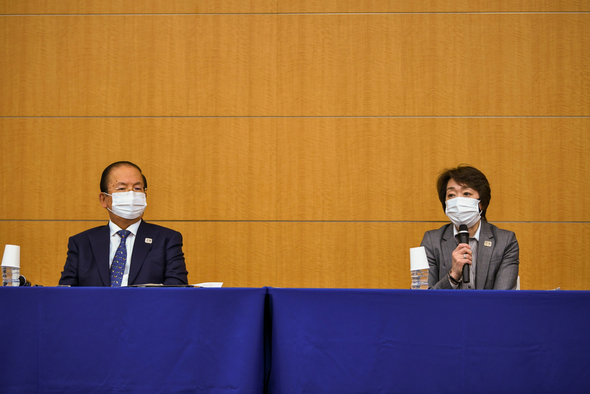 Tokyo 2020 President Seiko Hashimoto and CEO Toshiro Muto hold a news conference regarding the report of a Japanese weekly magazine, in Tokyo, Japan March 18, 2021. Kazuhiro Nogi/Pool via REUTERS
