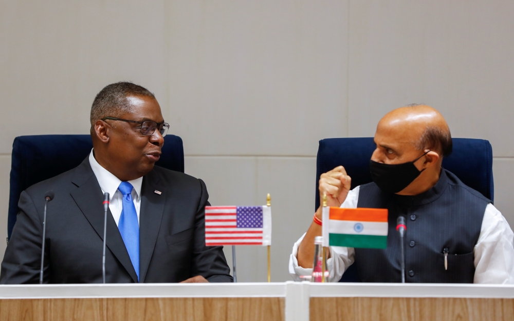 US Secretary of Defense Lloyd Austin and India's Defence Minister Rajnath Singh talk during a joint statement following their meeting in New Delhi, India, March 20, 2021. Reuters/Adnan Abidi
 