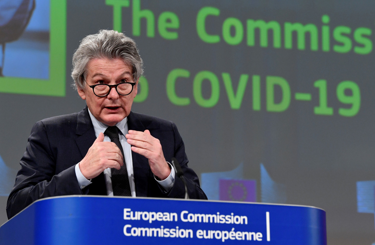 EU commissioner for internal market and consumer protection, industry, research and energy Thierry Breton speaks during a press conference following a college meeting to introduce draft legislation on a common EU COVID-19 vaccination certificate at the EU