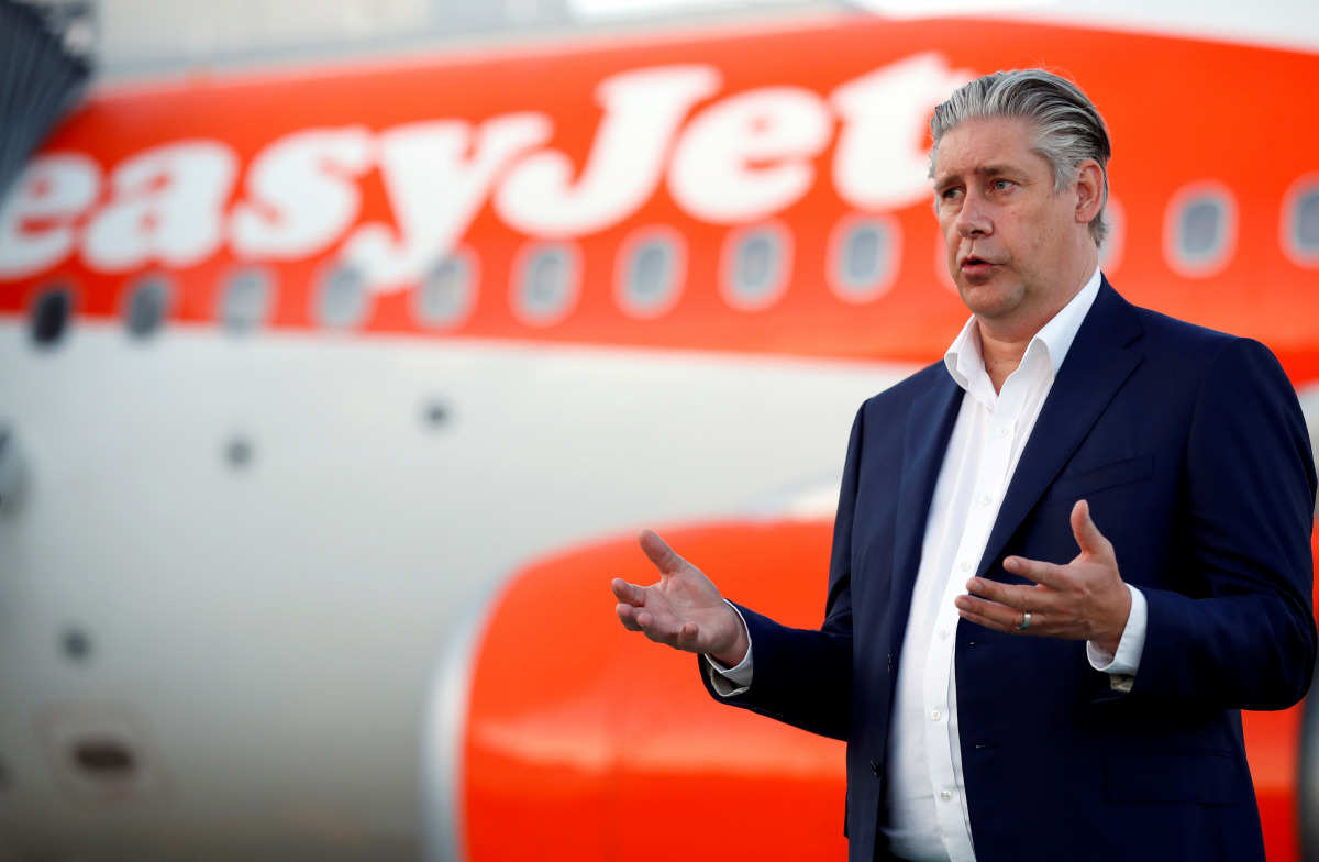 FILE PHOTO: EasyJet CEO Johan Lundgren gestures as he talks to media at Gatwick Airport, Britain, June 15, 2020. REUTERS/Peter Cziborra/File Photo
