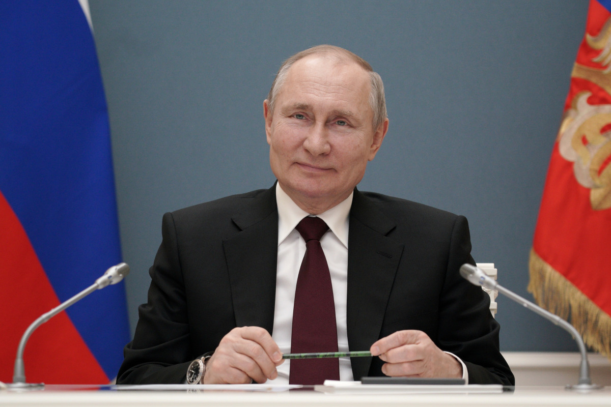 Russian President Vladimir Putin takes part in a ceremony launching the Talas Gold Mining Plant at Kyrgyzstan's Jerooy gold deposit via a video link in Moscow, Russia March 17, 2021. Sputnik/Alexei Druzhinin/Kremlin via REUTERS