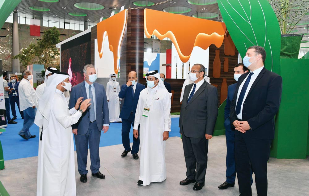 Qatar Chamber Chairman Sheikh Khalifa bin Jassim Al Thani with Tunisia’s Economy and Finance Minister, H E Ali Kooli, during Qatar’s 8th International Agricultural Exhibition (AgriteQ) at the Doha Exhibition and Convention Center (DECC).