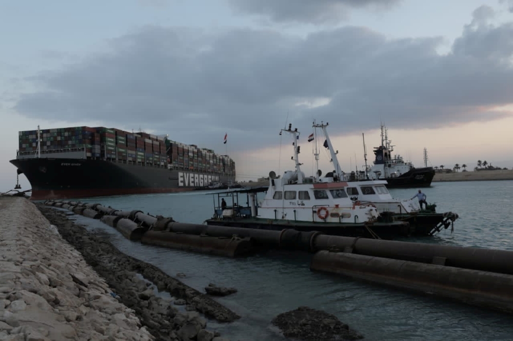 Stranded ship Ever Given, one of the world's largest container ships, is seen after it ran aground, in Suez Canal, Egypt March 28, 2021.