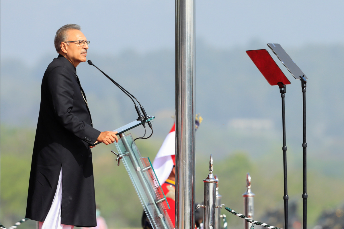 Pakistani President Arif Alvi speaks during the Pakistan Day military parade in Islamabad, Pakistan March 25, 2021. REUTERS/Salahuddin
