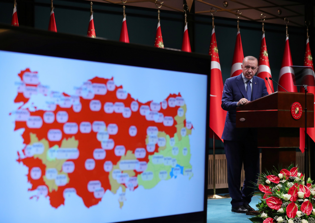 Turkish President Tayyip Erdogan gives a statement after a cabinet meeting in Ankara, Turkey, March 29, 2021. Murat Cetinmuhurdar/PPO/Handout via REUTERS