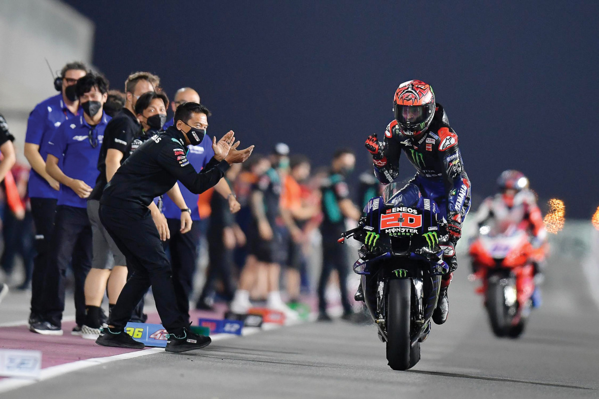 Monster Energy Yamaha MotoGP's French rider Fabio Quartararo celebrates after winning the Tissot MotoGP Grand Prix of Doha at the Losail International Circuit, on Sunday. PIC: MOTOGP