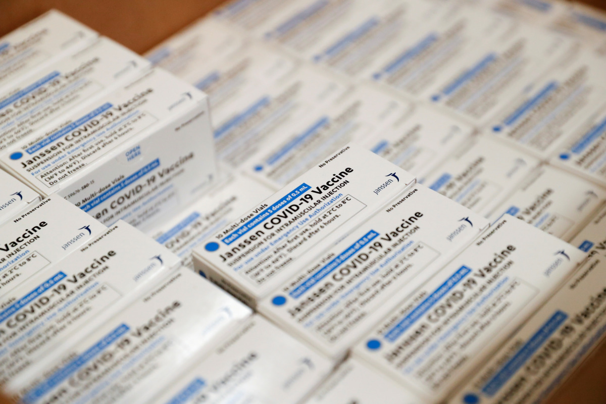 FILE PHOTO: Johnson & Johnson's coronavirus disease (COVID-19) vaccines are seen at Northwell Health's South Shore University Hospital in Bay Shore, New York, U.S., March 3, 2021. REUTERS/Shannon Stapleton/File Photo
