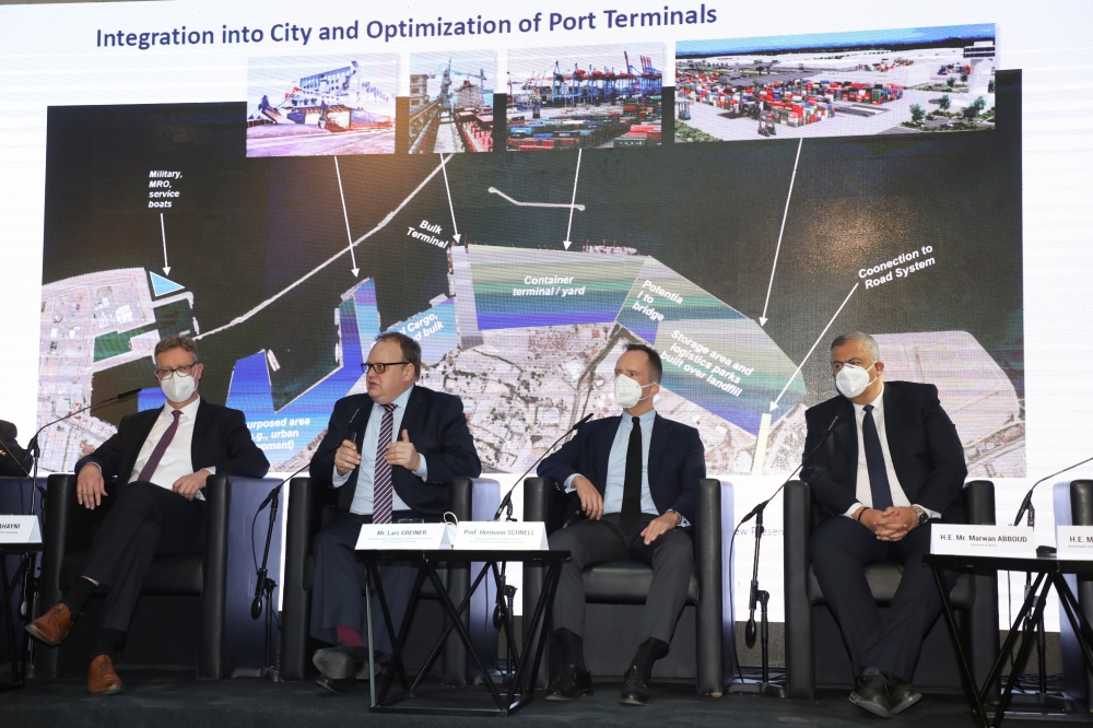 Representatives of German firms attend a press conference to outline proposals to rebuild Beirut port, in Beirut, Lebanon April 9, 2021. REUTERS/Mohamed Azakir