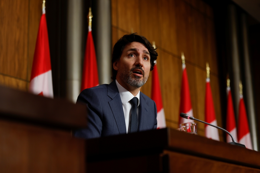 Canada's Prime Minister Justin Trudeau attends a news conference, as efforts continue to help slow the spread of the coronavirus disease (COVID-19), in Ottawa, Ontario, Canada April 13, 2021. REUTERS/Blair Gable