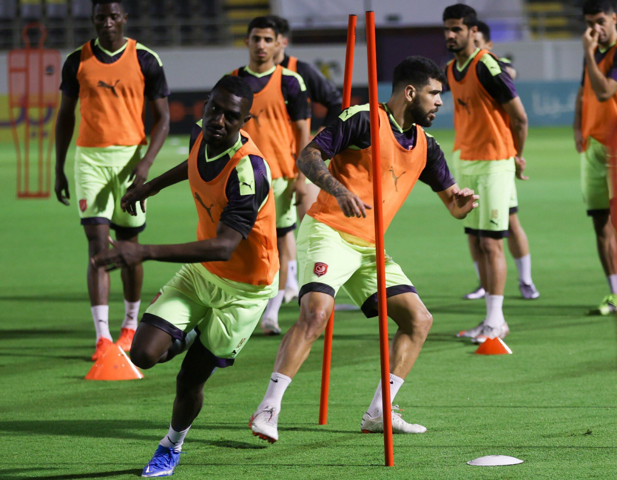 Al Duhail players take part in their final training session ahead of the AFC champions League Group C match against Iraq's Al Shorta in Jeddah, Saudi Arabia, yesterday. This is their ninth successive appearance in the group stage of the continental tourna