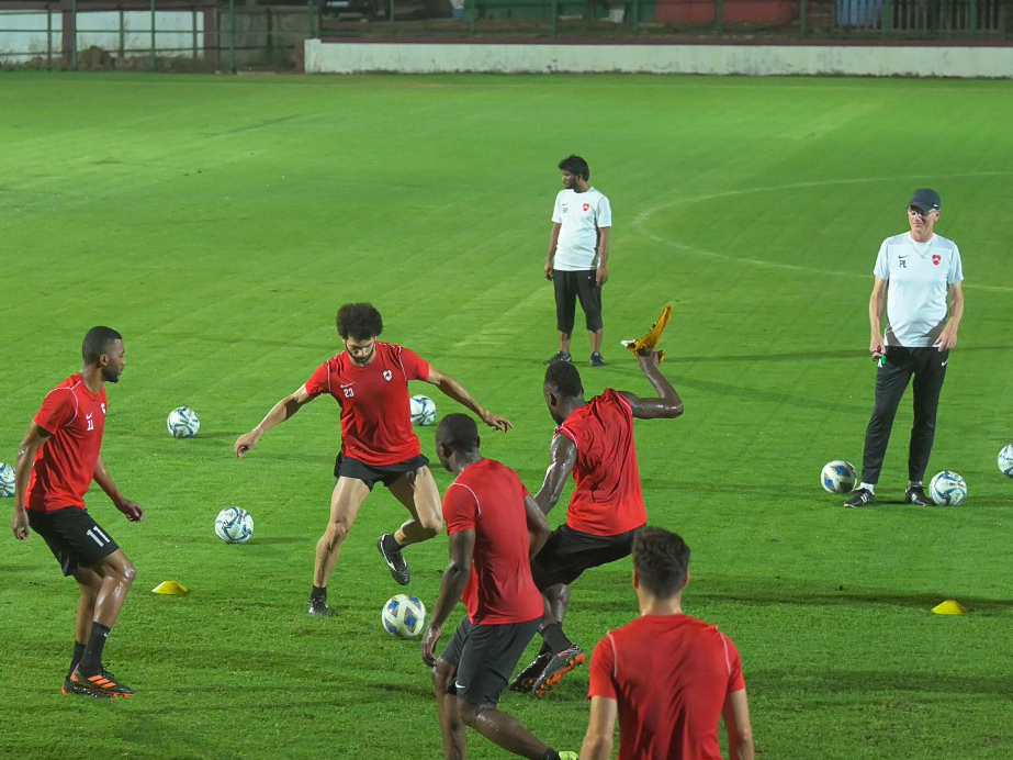 Al Rayyan players take part in a practice session in Goa yesterday.