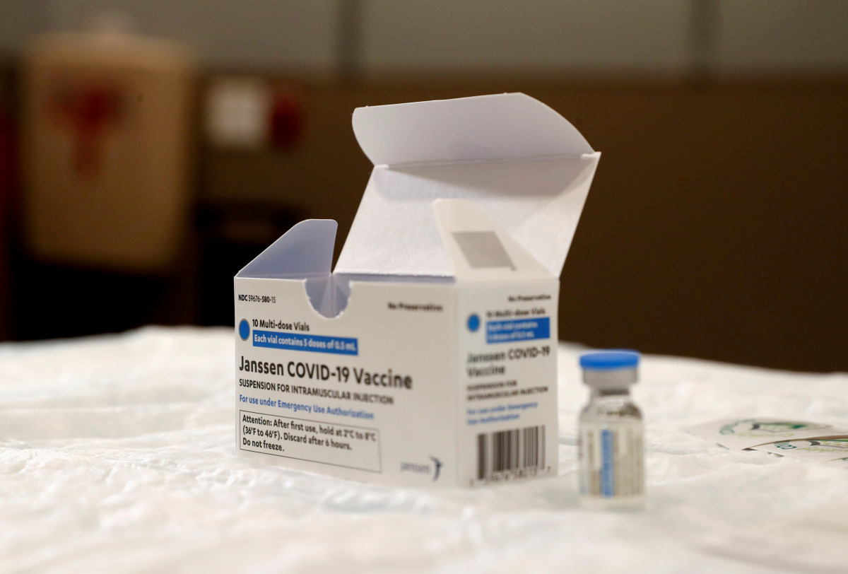 FILE PHOTO: A vial of the Johnson & Johnson's coronavirus disease (COVID-19) vaccine is seen at Northwell Health's South Shore University Hospital in Bay Shore, New York, U.S., March 3, 2021. REUTERS/Shannon Stapleton/File Photo
