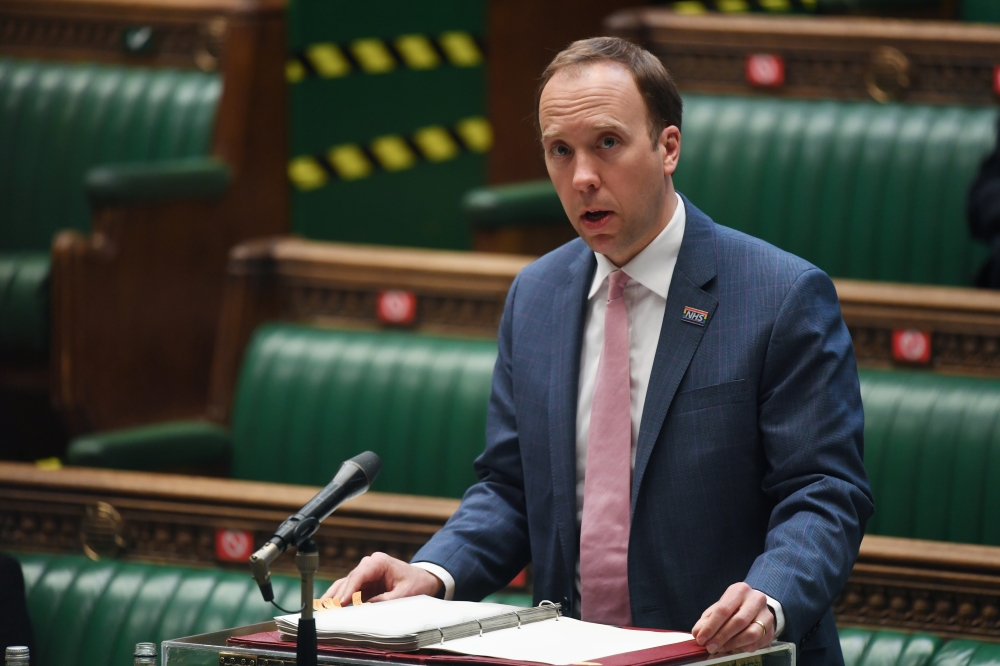 Britain's Health Secretary Matt Hancock delivers a COVID-19 situation update at the House of Commons in London, Britain April 19, 2021. UK Parliament/Jessica Taylor/Handout via REUTERS