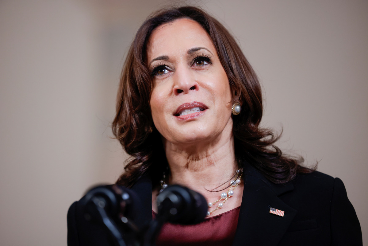 FILE PHOTO: U.S. Vice President Kamala Harris speaks after a jury reached guilty verdicts in the murder trial of former Minneapolis police officer Derek Chauvin stemming from George Floyd's deadly arrest, in the Cross Hall at the White House in Washington