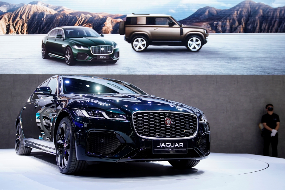 A Jaguar XFL vehicle is seen displayed at the Jaguar Land Rover booth during a media day for the Auto Shanghai show in Shanghai, China April 19, 2021. REUTERS/Aly Song

