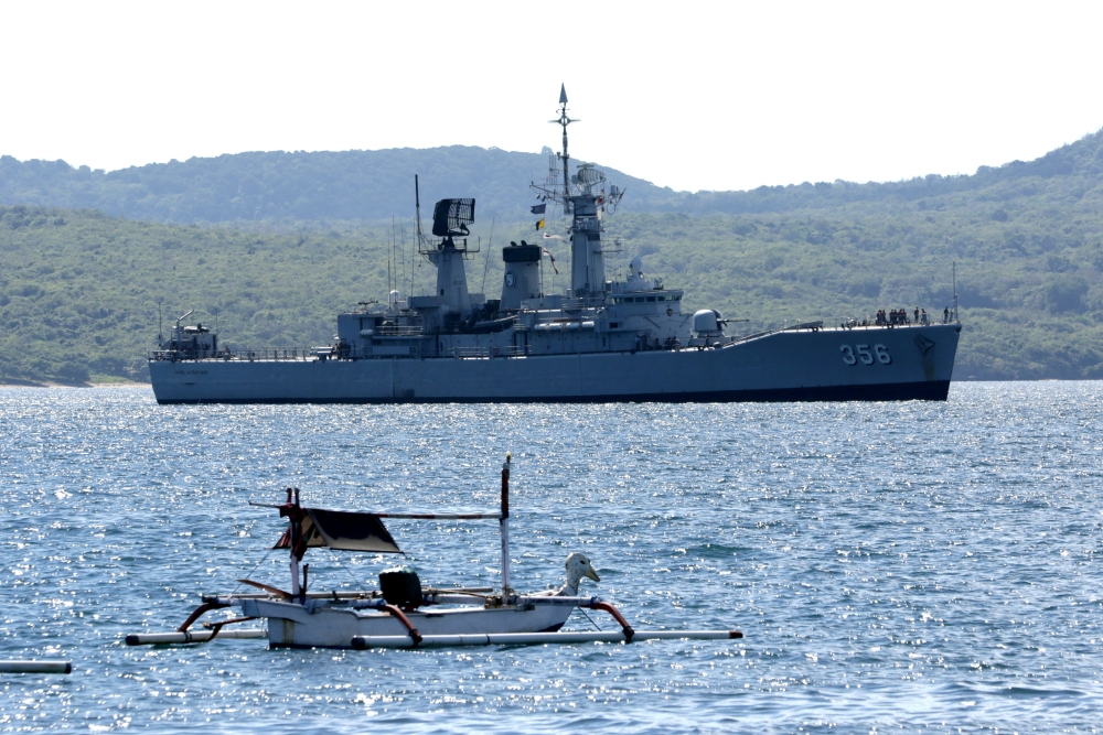 Indonesian Navy's KRI Karel Satsuitubun-356 is seen while preparing to dock at Tanjung Wangi port, as it is being prepared for rescue operation of the KRI Nanggala-402 that lost contact yesterday, in Banyuwangi, East Java province, Indonesia, April 22, 20