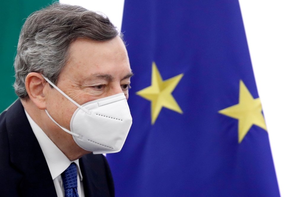 Italian Prime Minister Mario Draghi meets journalists, in Rome, Italy, March 26, 2021. Alessandra Tarantino/Pool via REUTERS//File Photo