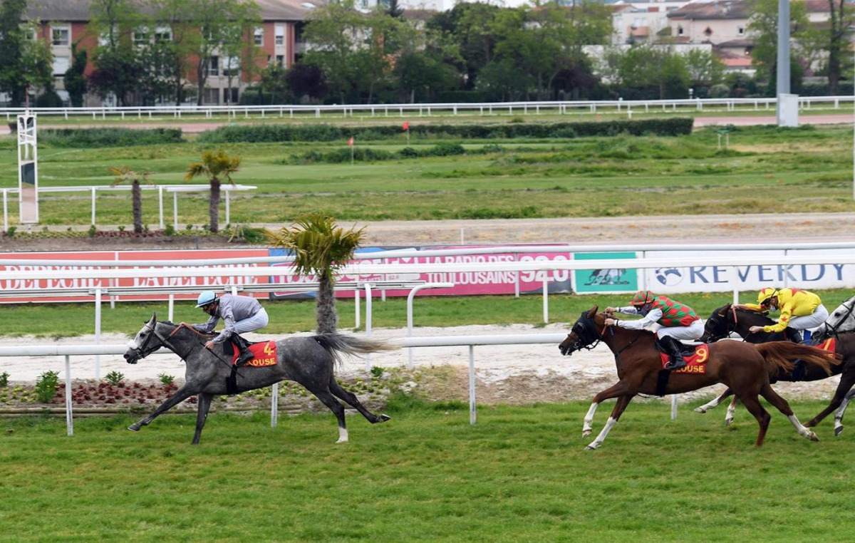 Jalela, ridden by Jerome Cabre, reaching the finish line to win the Prix Nefta (Gr2 PA) at Toulouse Racecourse in France yesterday. Pics: Robert Polin