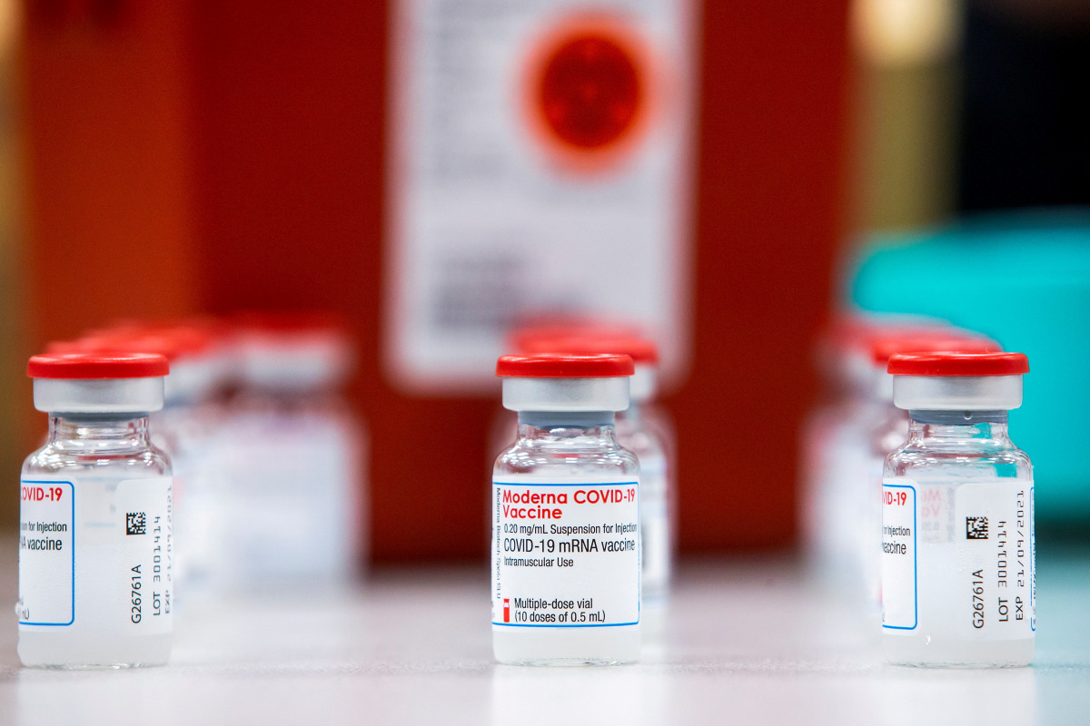 FILE PHOTO: Vials of the Moderna COVID-19 vaccine are seen at Apotex pharmaceutical company as Humber River Hospital's mobile vaccine clinic vaccinate employees as part of the coronavirus disease (COVID-19) vaccination campaign, in Toronto, Ontario, Canad