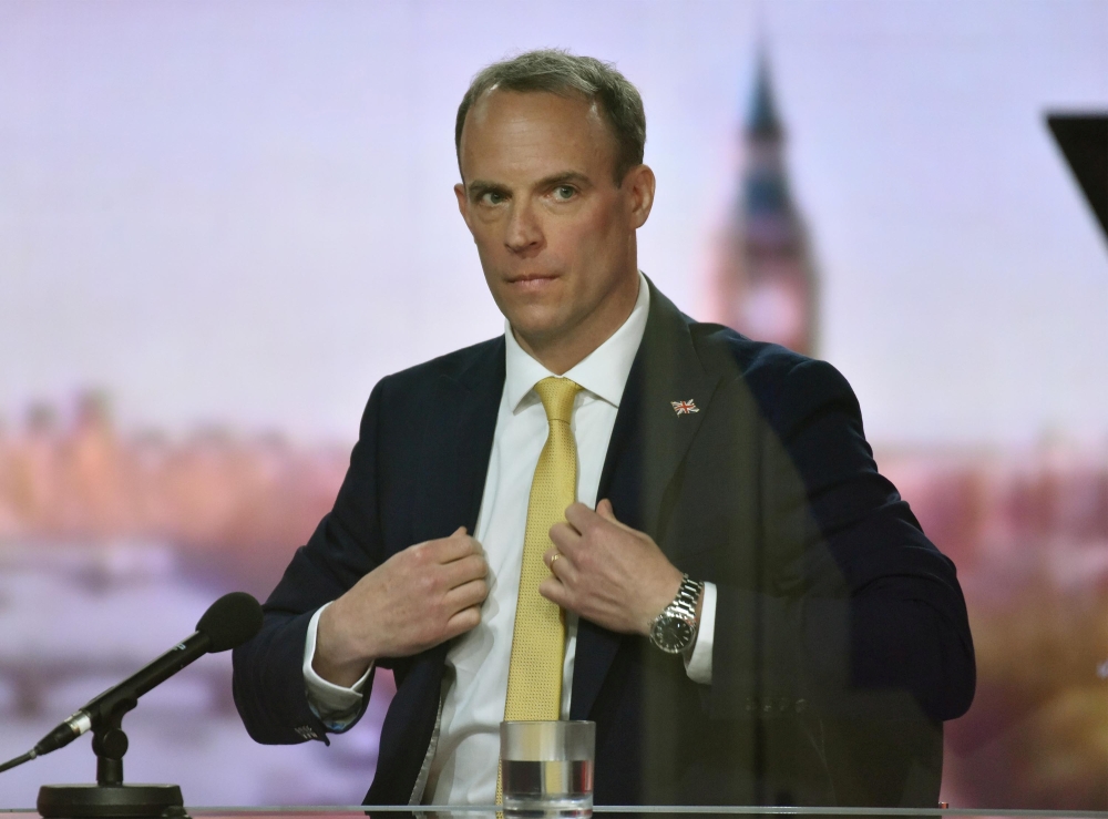 Britain's Foreign Secretary Dominic Raab attends BBC TV's The Andrew Marr Show in London, Britain, May 2, 2021. Jeff Overs/BBC/Handout via REUTERS 