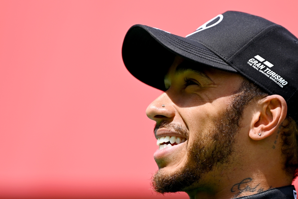 May 2, 2021 Mercedes' Lewis Hamilton celebrates after winning the race Pool via REUTERS/Gabriel Bouys
