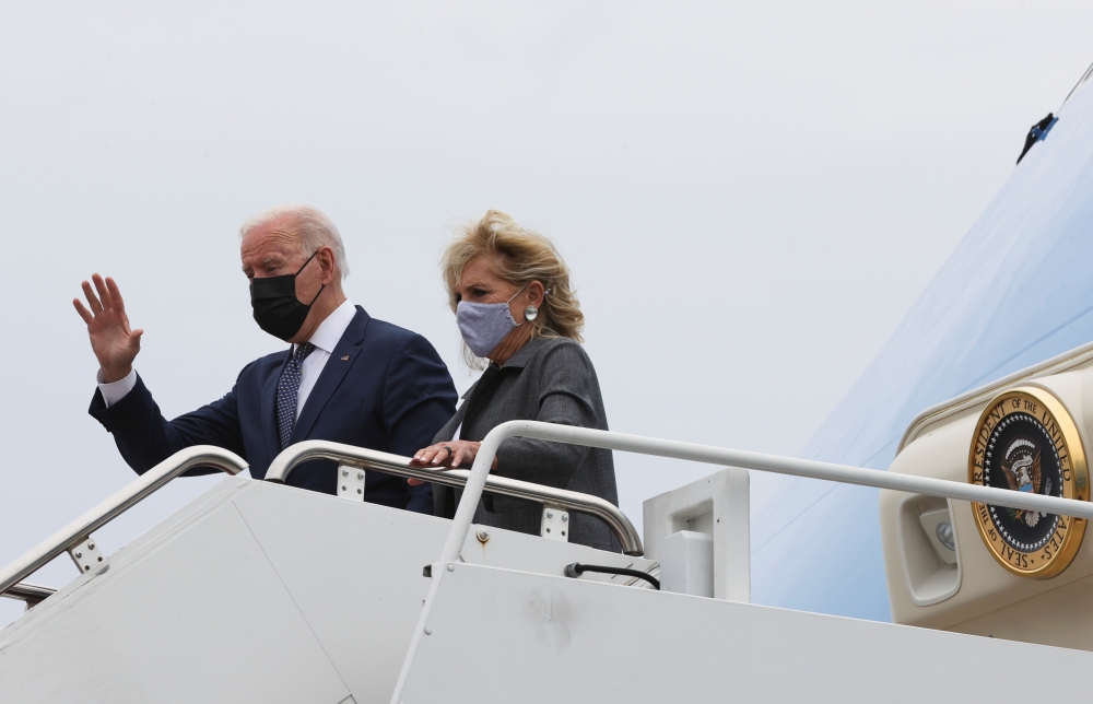 U.S. President Joe Biden and first lady Jill Biden arrive aboard Air Force One at Newport News/Williamsburg International Airport in Newport News, Virginia, U.S. May 3, 2021. REUTERS/Jonathan Ernst