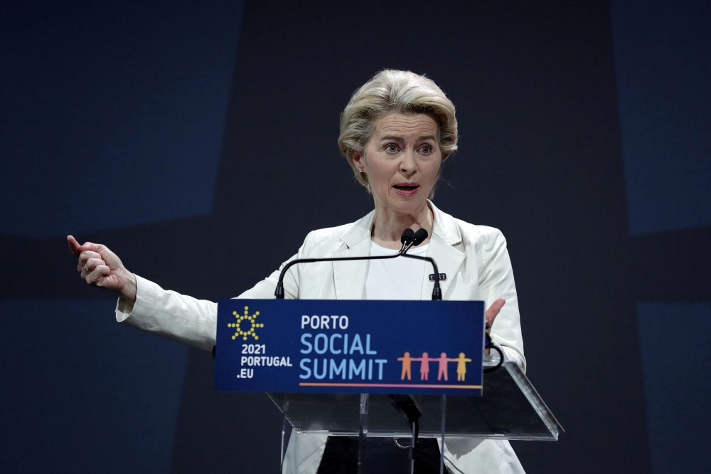 President of the European Commission Ursula von der Leyen attends a news conference after the closing session of the Social Summit in Porto, Portugal, May 7, 2021. Estela Silva/Pool via REUTERS