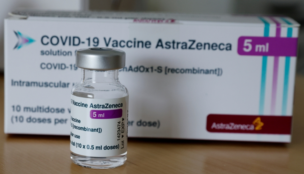 A vial of the AstraZeneca's COVID-19 vaccine is seen in a general practice of a doctor, as the spread of the coronavirus disease (COVID-19) continues, in Vienna, Austria April 30, 2021. REUTERS/Leonhard Foeger/File Photo