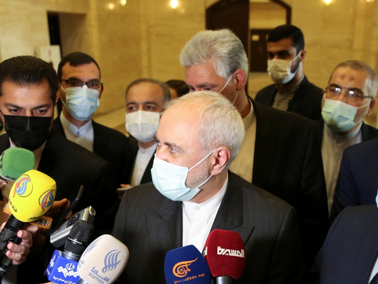 Iran's Foreign Minister Mohammad Javad Zarif talks to the press in Damascus, Syria on May 12, 2021. (Reuters)