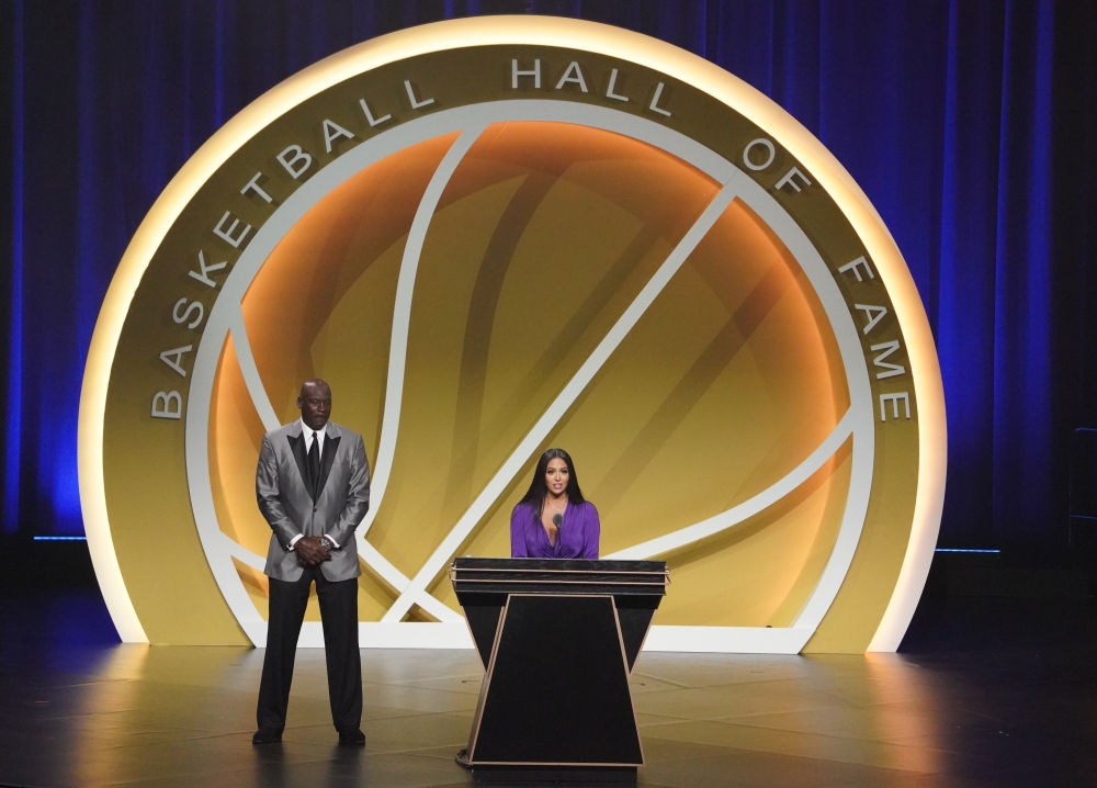Vanessa Bryant, wife of the late Kobe Bryant with presenter Michael Jordan, speaks on his behalf during the Class of 2020 Naismith Memorial Basketball Hall of Fame Enshrinement ceremony at Mohegan Sun Arena. Pic: David Butler II-USA TODAY Sports