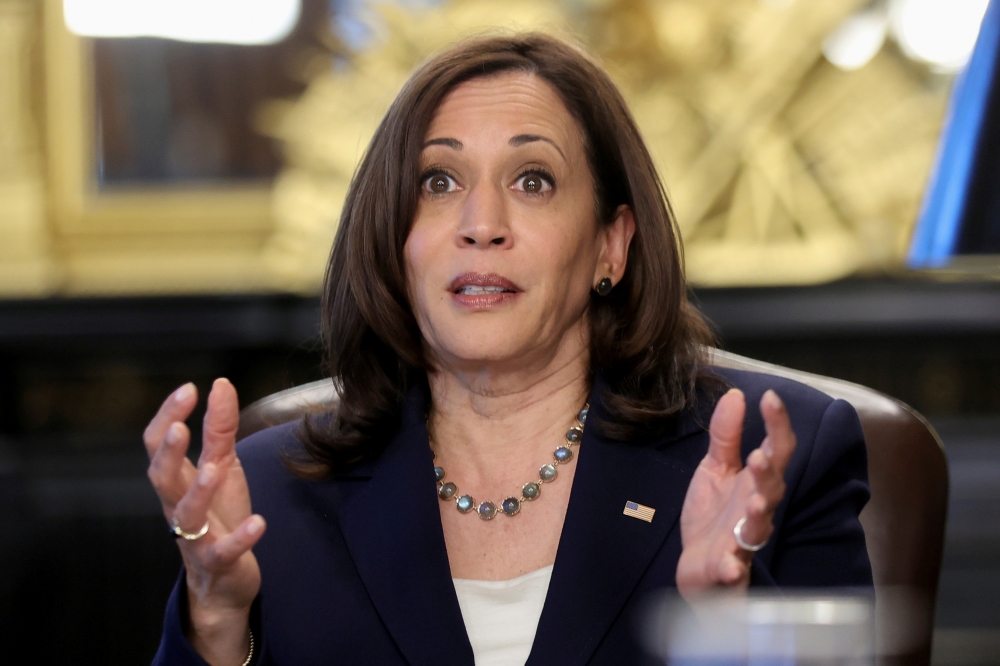 U.S. Vice President Kamala Harris speaks as she opens the first meeting of the White House Task Force on Worker Organizing and Empowerment, from her offices in the Eisenhower Executive Office Building on the White House campus in Washington, U.S. May 13, 