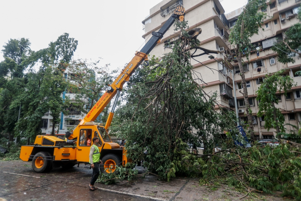 A crane lifts a fallen tree after strong winds caused by Cyclone Tauktae, in Mumbai, India, May 18, 2021. REUTERS/Francis Mascarenhas