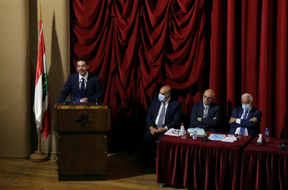 Lebanese Prime Minister-designate Saad al-Hariri speaks during a parliament meeting at UNESCO Palace in Beirut, Lebanon May 22, 2021. REUTERS/Mohamed Azakir