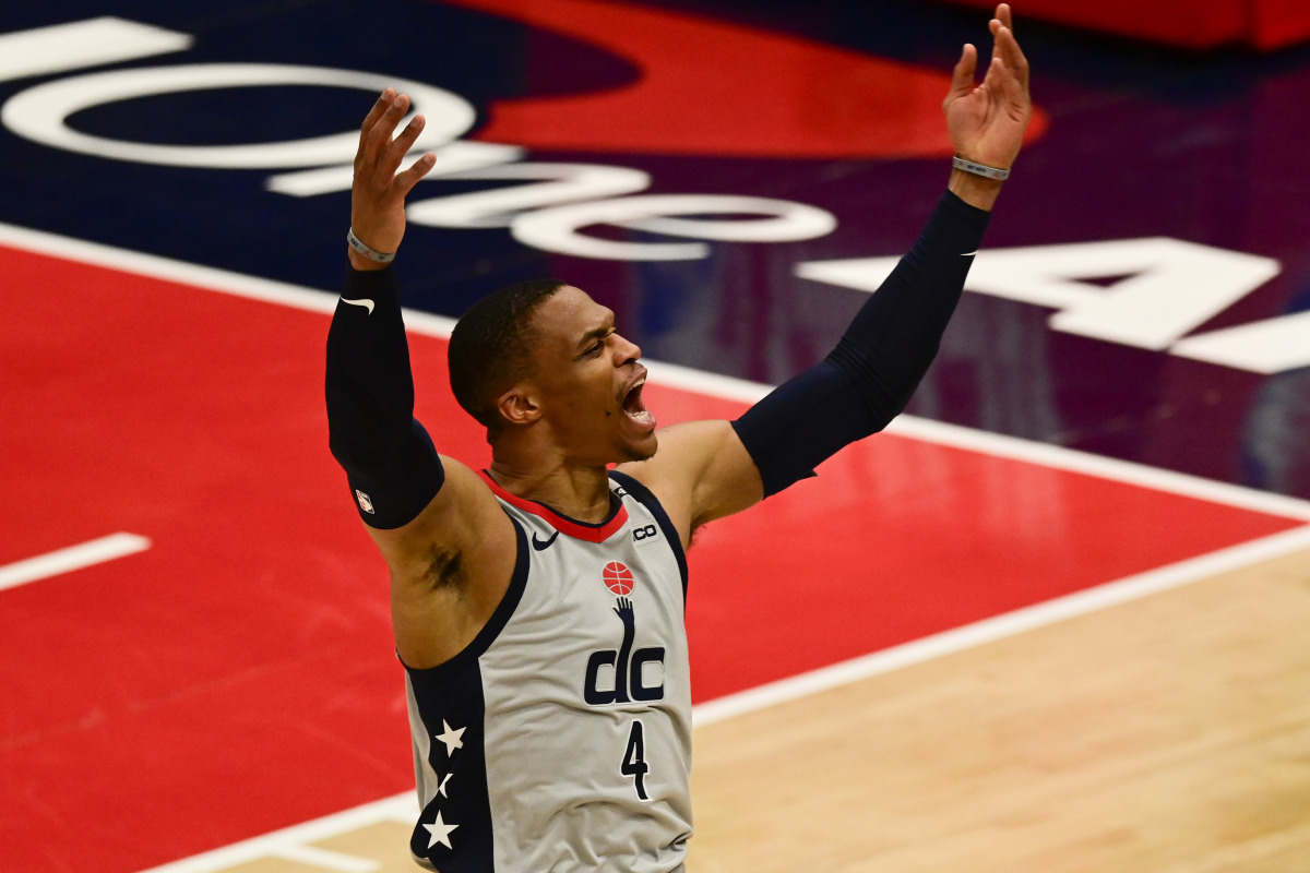 May 20, 2021; Washington, District of Columbia, USA; Washington Wizards guard Russell Westbrook (4) reacts after making a basket during the third quarter against the Indiana Pacers at Capital One Arena. Mandatory Credit: Tommy Gilligan-USA TODAY Sports
