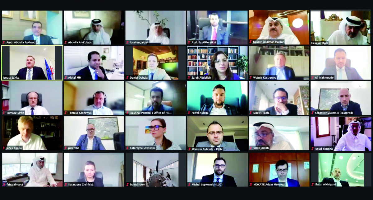 Sheikh Faisal bin Qassim Al Thani,  Chairman of the Qatari Businessmen Association, and other officials during the virtual meeting.