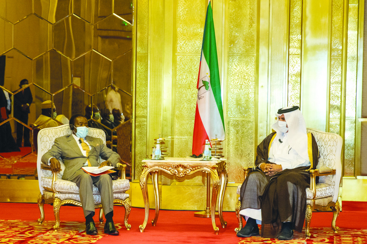 President of the Republic of Equatorial Guinea, H E Teodoro Obiang Nguema Mbasogo, with Qatar Chamber’s First Vice-Chairman, Mohamed bin Ahmed bin Twar Al Kuwari, during the meeting.