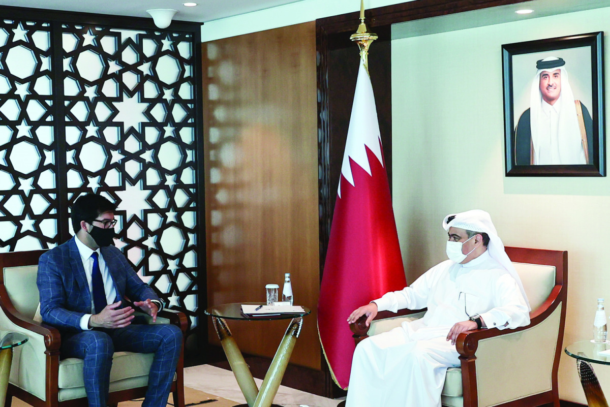 Minister of Commerce and Industry and Acting Minister of Finance, H E Ali bin Ahmed Al Kuwari, during a meeting with with H E Ranil Jayawardena, UK Minister for International Trade.