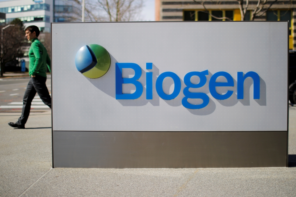 File photo: A sign marks a Biogen facility, some of whose employees have tested positive for the coronavirus after attending a meeting in Boston, in Cambridge, Massachusetts, US, March 9, 2020. Reuters/Brian Snyder/File Photo