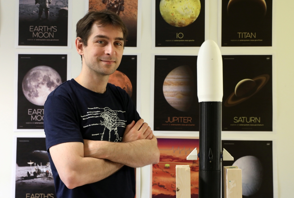 Matthieu Pluvinage poses in his office at the ESIGELEC engineering school where he teaches, in Saint-Etienne-du-Rouvray, France, June 4, 2021. Reuters/Lea Guedj 