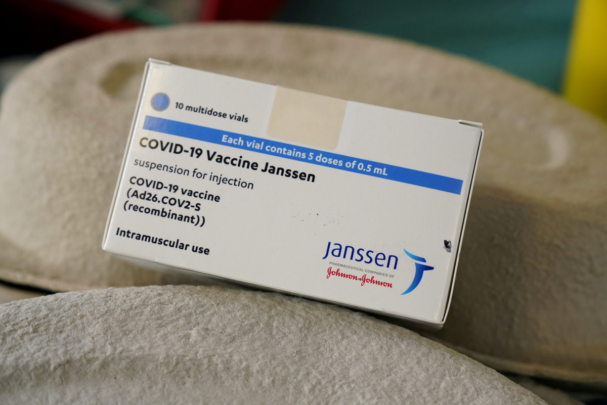 FILE PHOTO: A box of Johnson & Johnson's coronavirus disease (COVID-19) vaccines is seen at the Forem vaccination centre in Pamplona, Spain, April 22, 2021. REUTERS/Vincent West/File Photo
