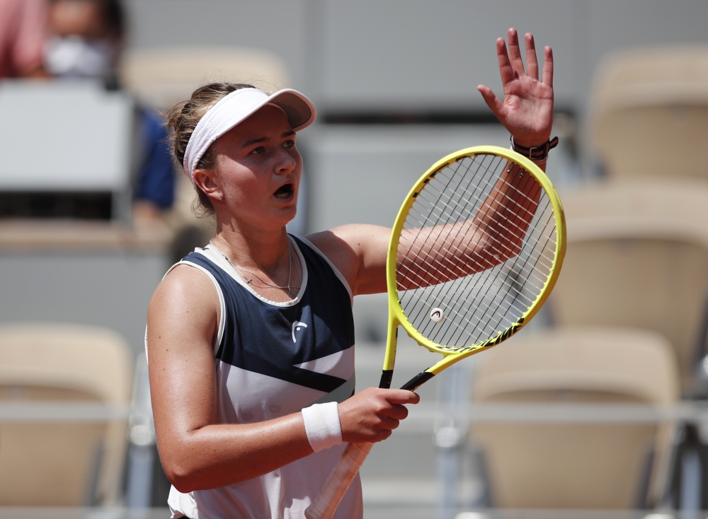 Czech Republic's Barbora Krejcikova applauds the crowd after winning her quarterfinal match against Cori Gauff of the U.S. Reuters/Benoit Tessier