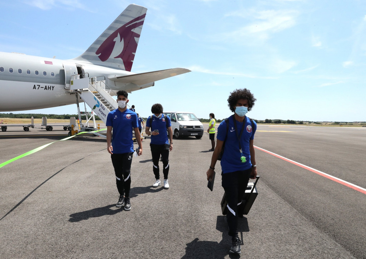 Qatar striker Akram Afif (foreground) along with team-mates at the airport as national team reaches Croatia for a training camp.