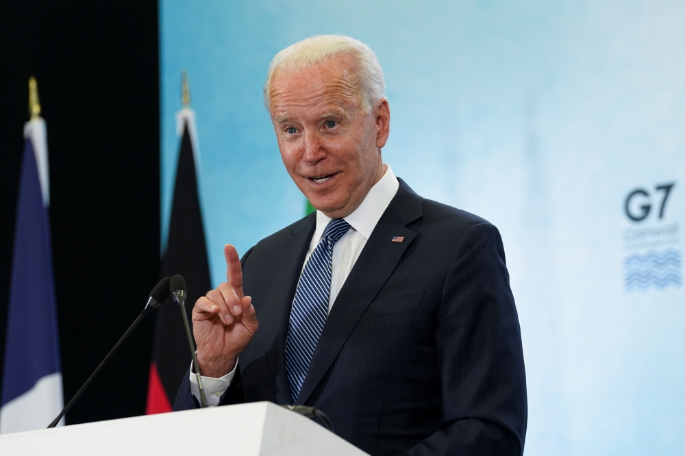 U.S. President Joe Biden speaks during a news conference at the end of the G7 summit, at Cornwall Airport Newquay, Britain, June 13, 2021. REUTERS/Kevin Lamarque