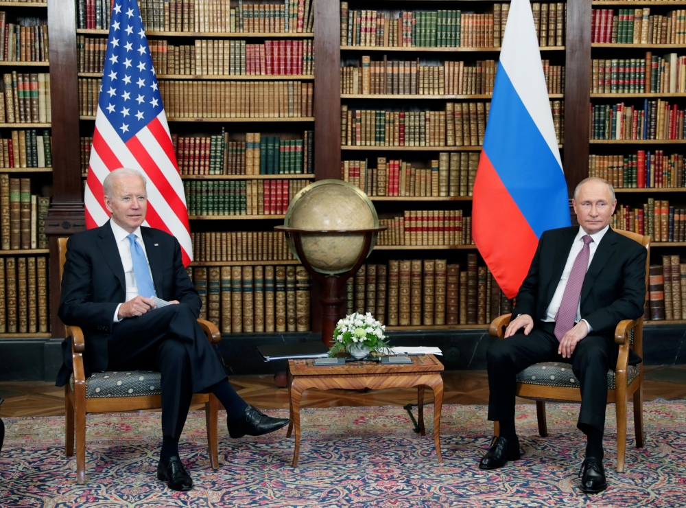 Russian President Vladimir Putin and U.S. President Joe Biden attend a meeting at Villa La Grange in Geneva, Switzerland June 16, 2021. Sputnik/Mikhail Metzel