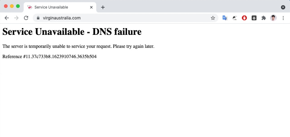 A screenshot from a Virgin Australia website, which appears to be out of order, is seen as Australian airline Virgin Australia and the country's main lenders grappled with internet outages, June 17, 2021. Internet/via REUTERS 