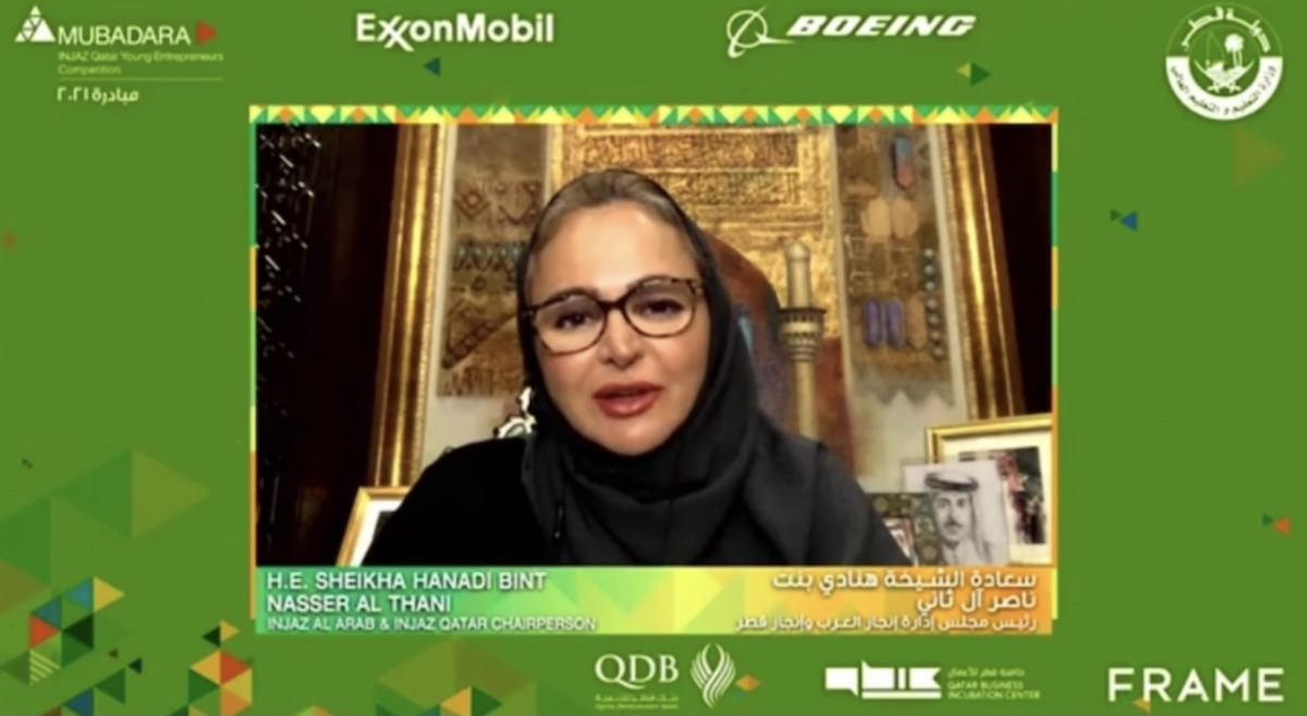 Sheikha Hanadi bint Nasser Al Thani, Chairperson of INJAZ Qatar and
INJAZ Al Arab speaking during the virtual event.